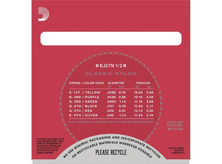 D'Addario EJ27N 1/2 Silver / Clear Nylon (029-045) Student Classics 