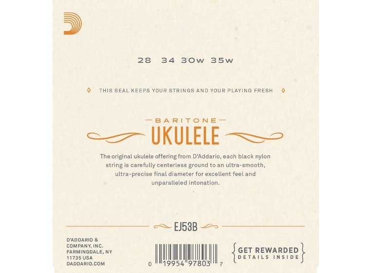 D'Addario EJ53B Hawaii Baritone Ukulele Strenger Black Nylon 