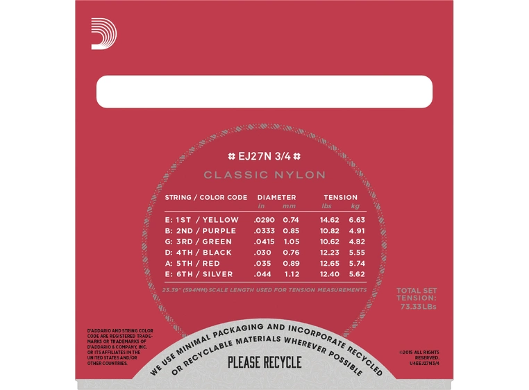 D'Addario EJ27N 3/4 Silver / Clear Nylon (029-044) Student Classics 