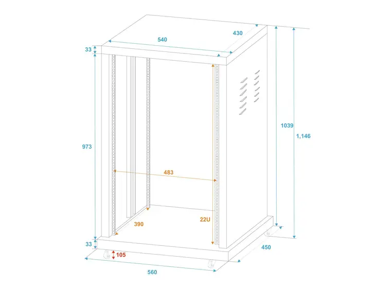 Roadinger Steel rack SR-19, 22U For installation 