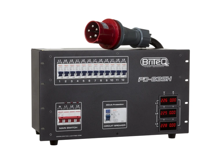 Briteq PD-63SH strømdistribusjon 12 x 16A ut på shuko + harting og soca 
