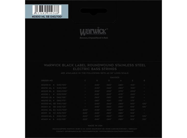 Warwick Black Label Bass String Set (040-130) S.Steel 5-Str, Low B Med Light