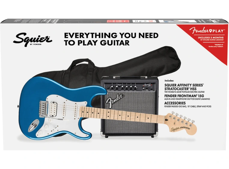 Squier Affinity Series Strat HSS Pack Lake Placid Blue, MN, Gig Bag, 15G-230V 