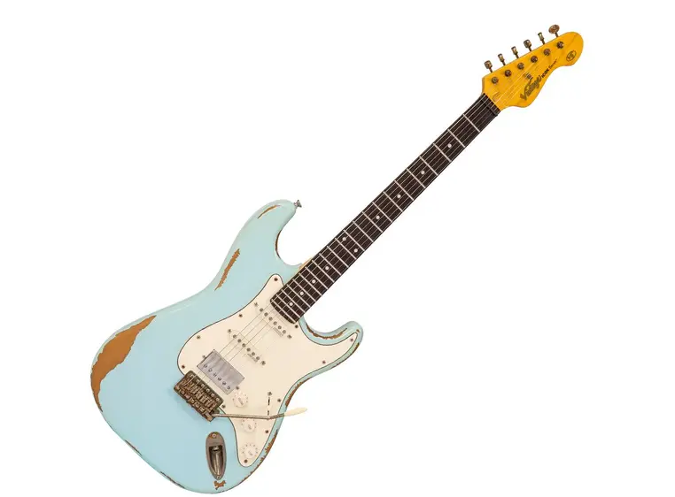 Vintage V6H Icon HSS el-gitar Ultra-gloss distressed laguna blue 
