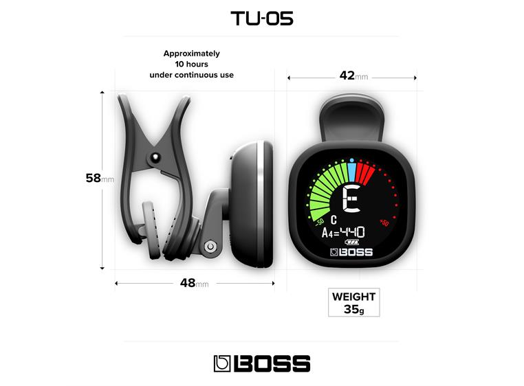 Boss TU-05 Premium clip-on tuner fargeskjerm, ulike stemmemoduser, ladbar