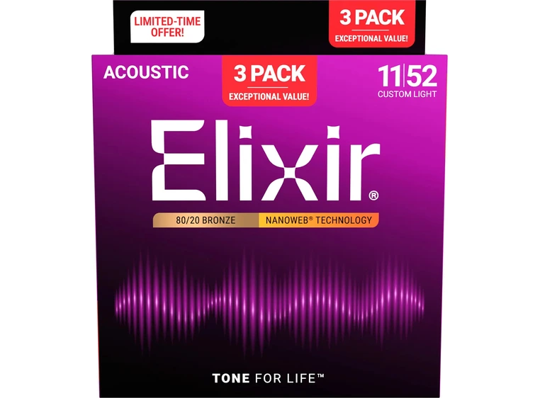 Elixir Nanoweb 80/20 Bronze Custom Light (011-052) 3-Pack 16564 