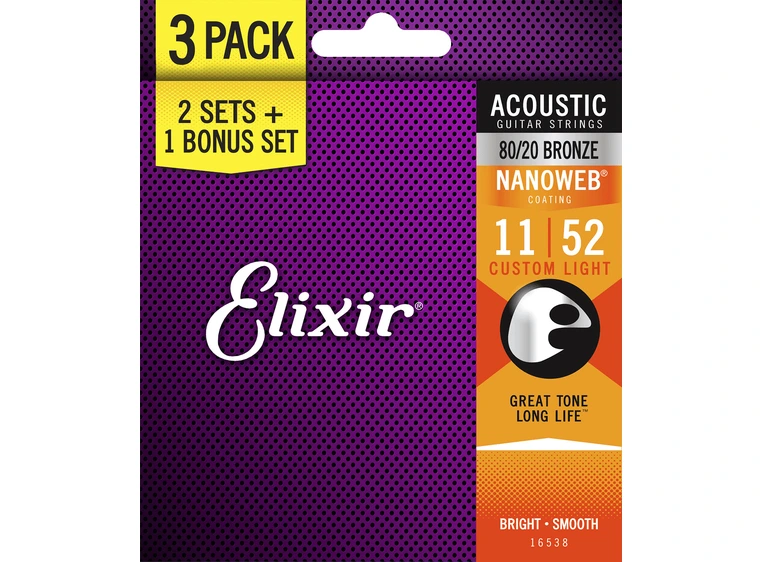 Elixir Nanoweb 80/20 Bronze Custom Light (011-052) 3-Pack 16538 