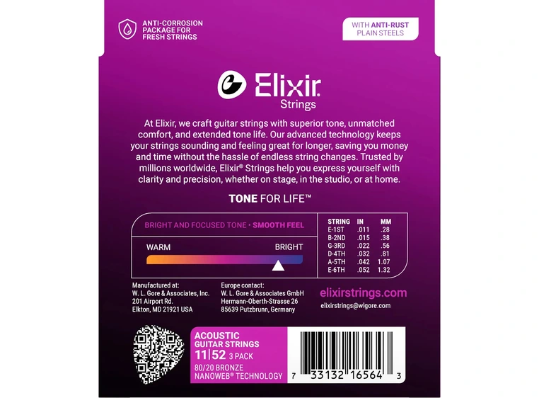 Elixir Nanoweb 80/20 Bronze Custom Light (011-052) 3-Pack 16564 
