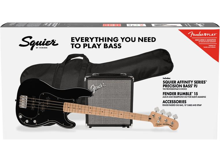 Squier Affinity Series P Bass PJ Pack Black, Gig Bag Rumble 15-230V