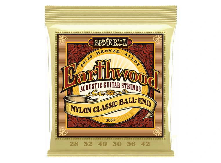 Ernie Ball EB-2069 Earthwood Folk (028-042) Nylon Ball End, Clear & Gold 