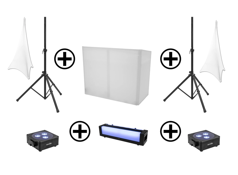 Eurolite Set AKKU 2x Flat light 3 black & Bar-6 & 2x Speaker Stand & DJ Stand 