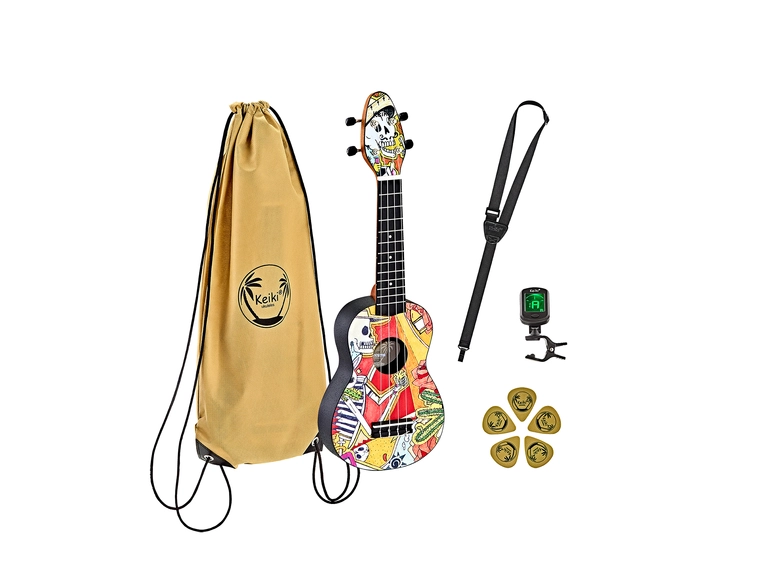 Ortega K2-EM Keiki Soprano ukulele-pack El Muerto 