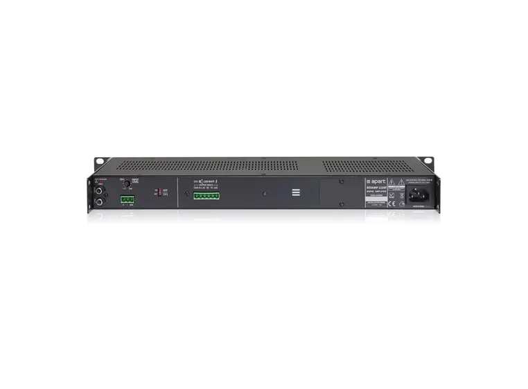 Apart Forsterker, klasseD 1x120W@100V eller @4Ohm, vifteløs, 1U, 19" 