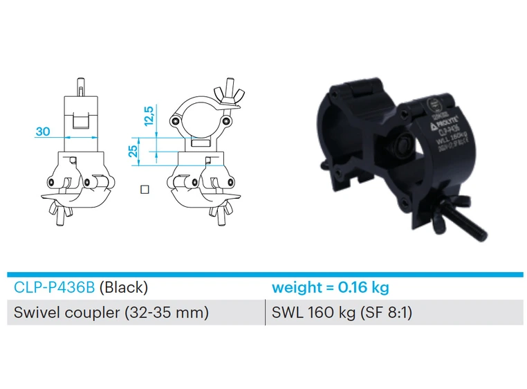 PROLYTE CLP-P436B Swivel clamp Swl 160Kg (Sf8:1), Sort, Ø32-35mm Rør 