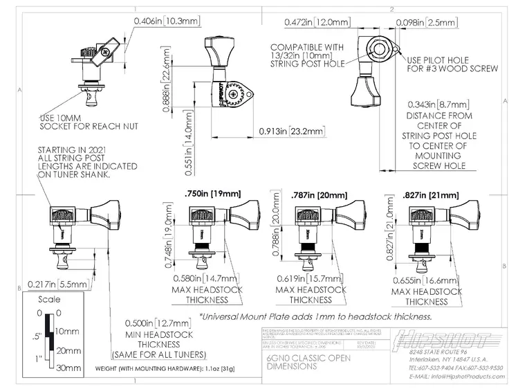Hipshot Classic Open Guitar Tuning Machines - Bass Side (Left) - Black 