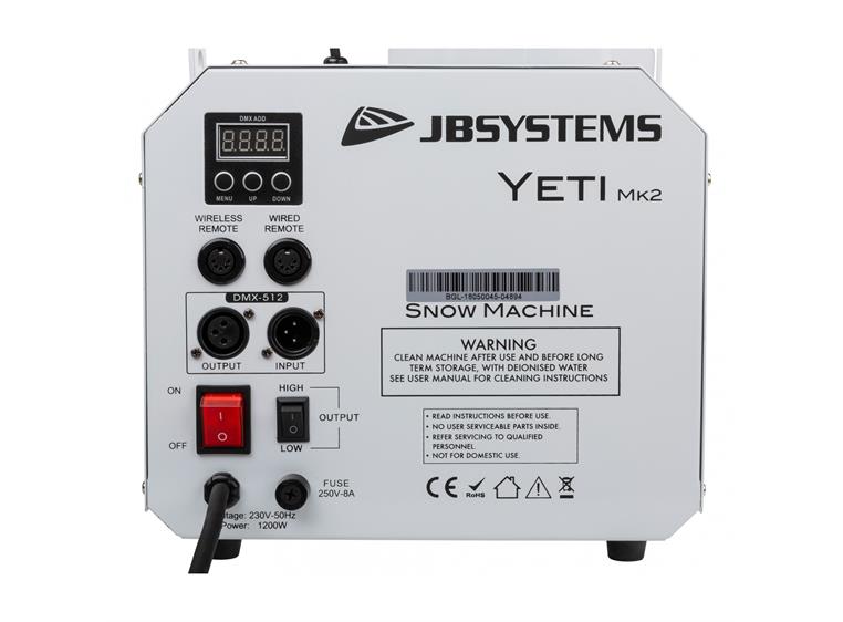JB Systems Yeti Mk2 Snømaskin, 1200W DMX og trådløs fjernkontroll