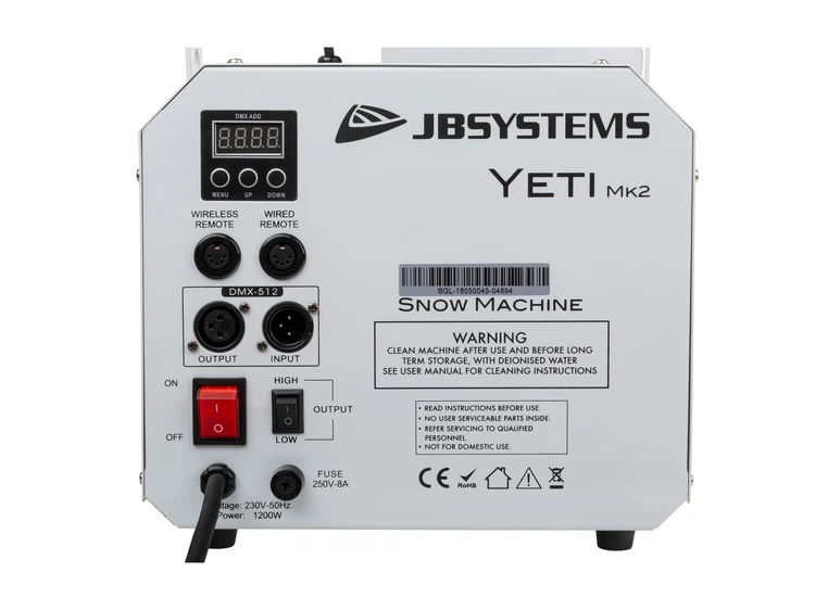 JB Systems Yeti Mk2 Snømaskin, 1200W DMX og trådløs fjernkontroll 
