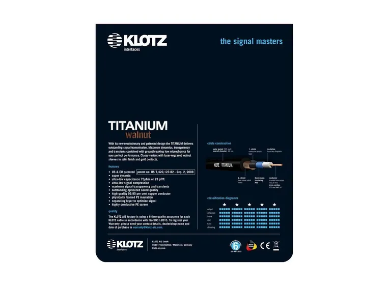 Klotz TIWPR TITANIUM supreme guitar cbl walnut sleeves 6m 