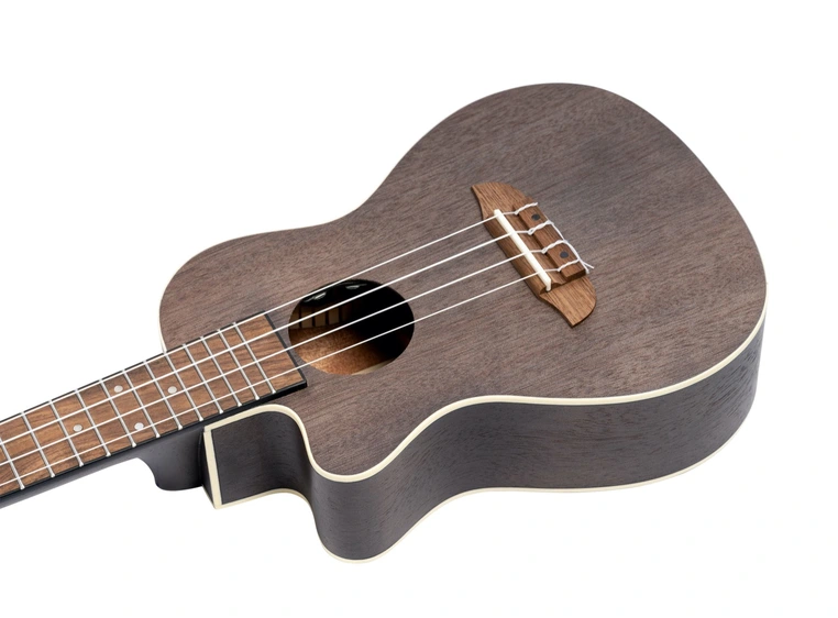 Ortega RUCOAL-CE-L Concert ukulele med mik. Earth, See Thru Black, Lefthand 
