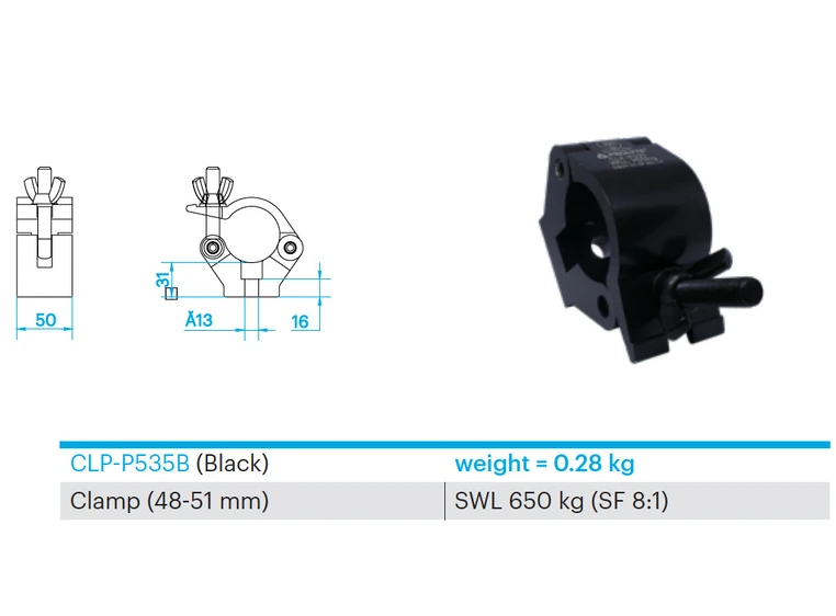 PROLYTE CLP-P535B Clamp Swl 750Kg (Sf8:1), Sort, Ø48-51mm Rør 
