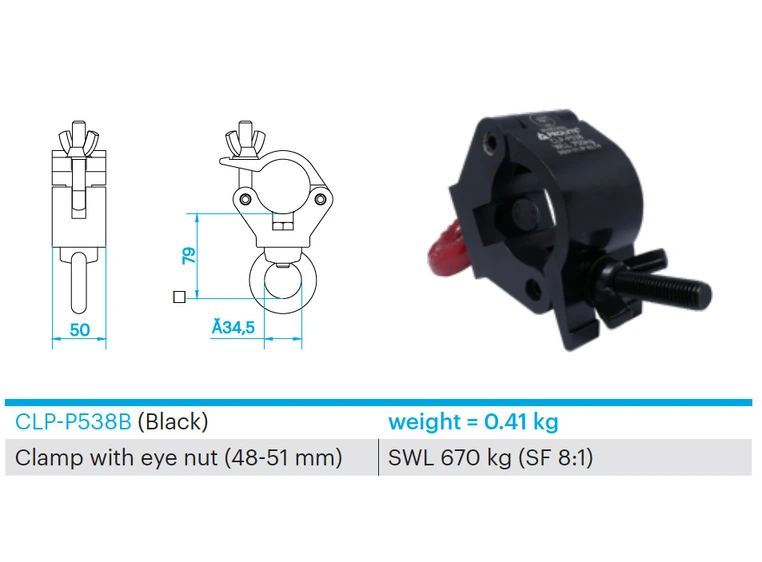 PROLYTE CLP-P538B Clamp m/øye Swl 750Kg (Sf8:1), Sort, Ø48-51mm Rør 