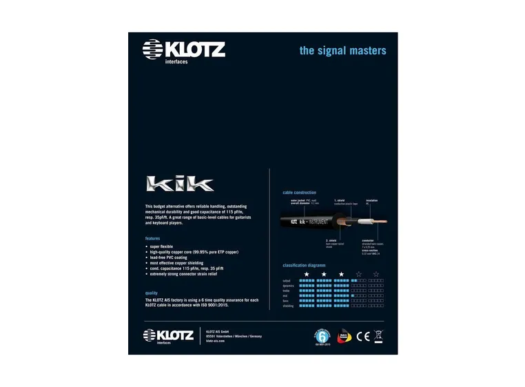 Klotz KIK Instr.Cable straight gold jacks bk 6m 