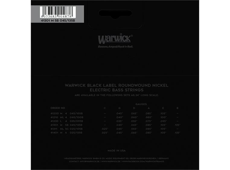 Warwick Black Label Bass String Set (045-135) Nickel, 5-String, Low B, Med