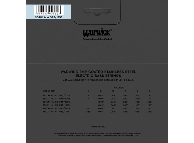 Warwick EMP Coated Bass String Set (025-135) Stainless Steel - 6-String, M 