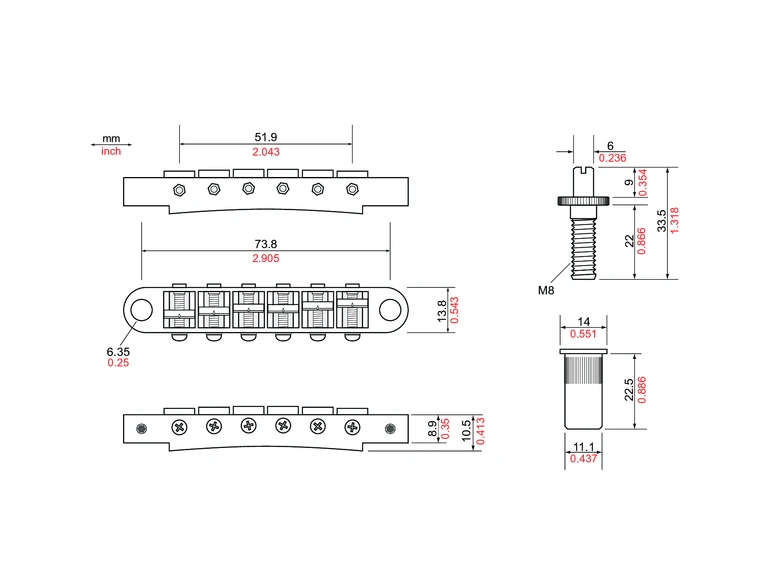 TonePros T3BT G - Metric Tune-O-Matic Bridge - Gold 
