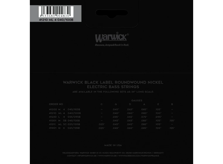 Warwick Black Label Bass String Set (040-100) Nickel-Plated Steel, Med Light 