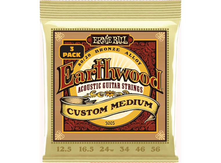 Ernie Ball EB-3005 Earthwood 80/20 (0125-056) Custom Medium 3-Pack