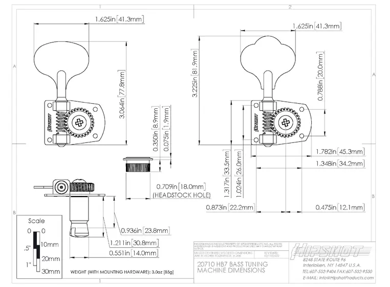 Hipshot HB7 - BassTuning Machine for F- Style Made in Mexico - Nickel 