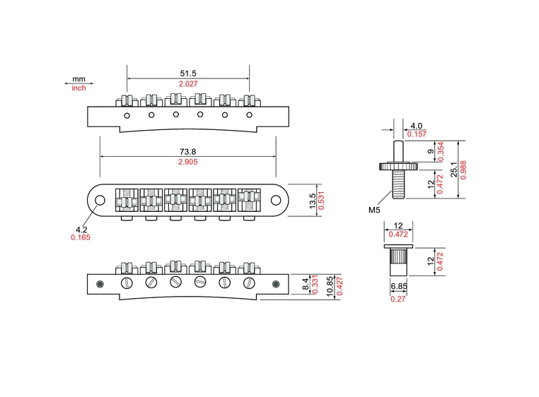 TonePros TP6R B - Standard Tune-O-Matic Bridge with Roller Saddles - Black 