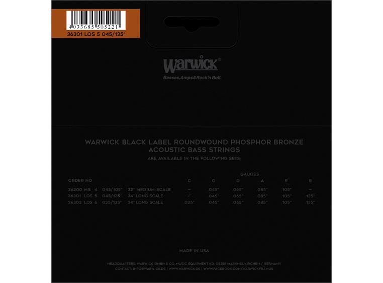 Warwick Black Label Acoustic Bass 5-Str (045-135) Phosphor Bronze, Long Scale