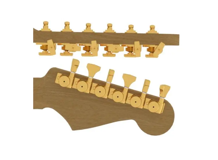 Hipshot Locking Tuner Kit, Lefthand 6-in-Line, Staggered Posts - Gold 