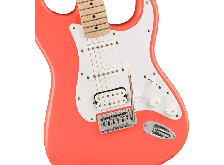 Squier Sonic Stratocaster HSS, Maple White Pickguard, Tahitian Coral 