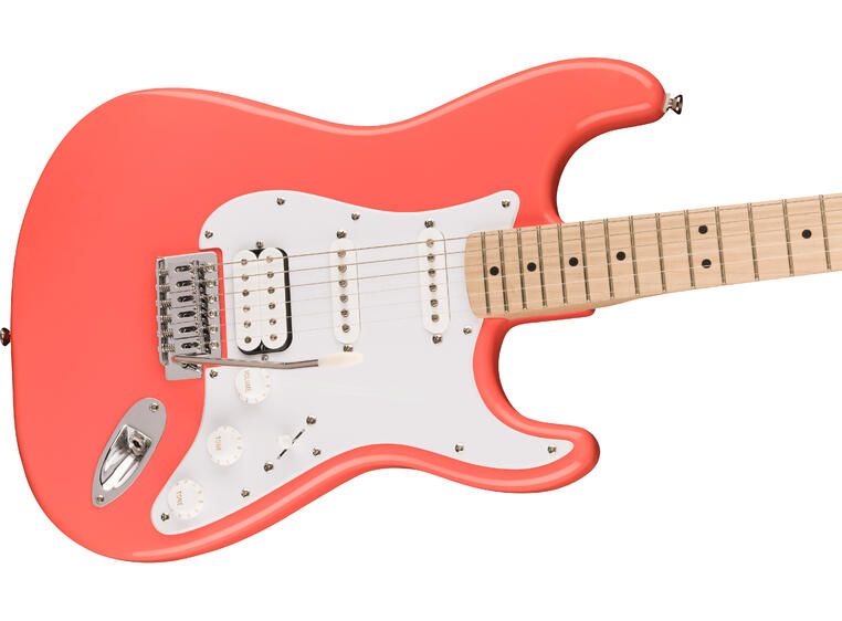 Squier Sonic Stratocaster HSS, Maple White Pickguard, Tahitian Coral