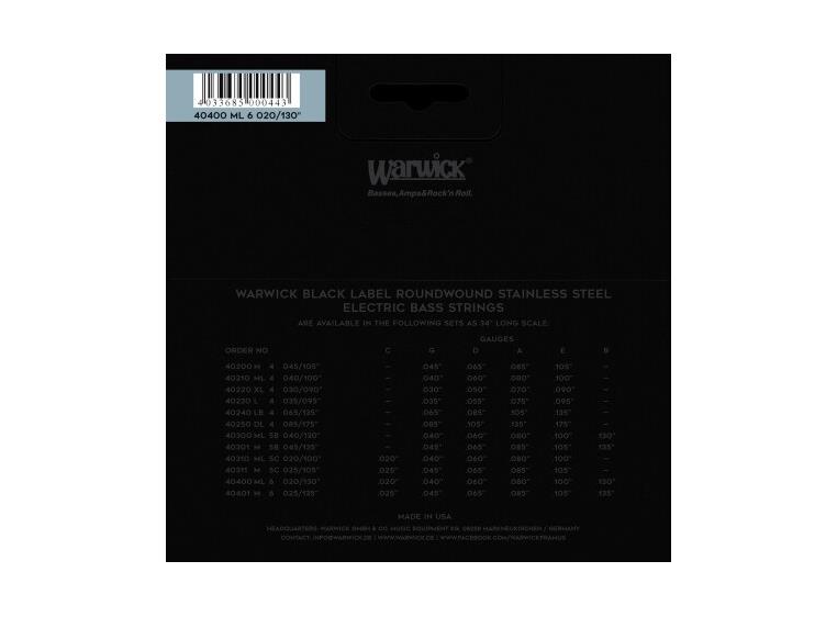 Warwick Black Label Bass String Set (020-130) S.Steel, 6-Str, Medium Light