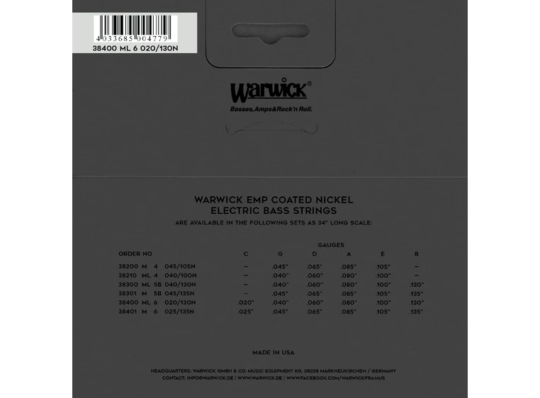 Warwick EMP Coated Bass String Set (020-130) Nickel-Plated Stl - 6-Str. ML 