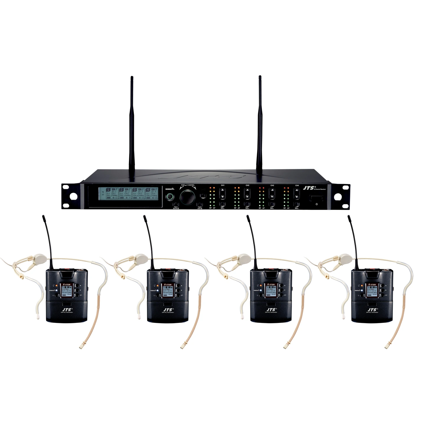 JTS R-4 trådløst system, 4 kanaler 4 x beltpack med CM-214T small hodebøyle