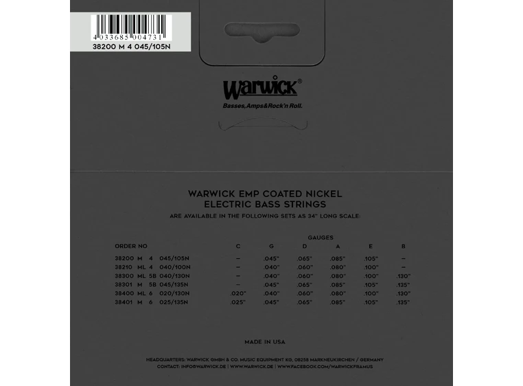 Warwick EMP Coated Bass String Set (045-105) N-Plated, 4-String, Medium 
