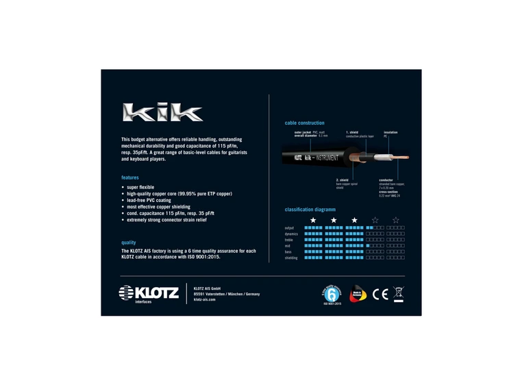 Klotz KIK Instr.Cable straight-angled metal jack red 4,5m 