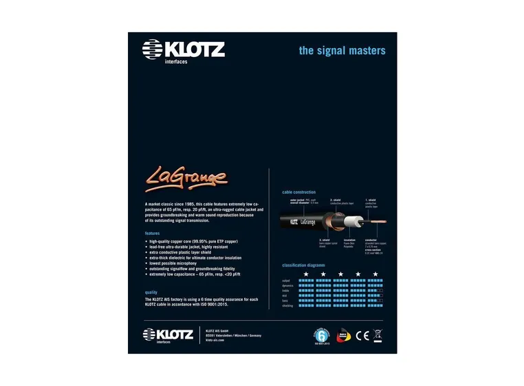 Klotz LaGrange supreme guitar cable gold tip 6m 