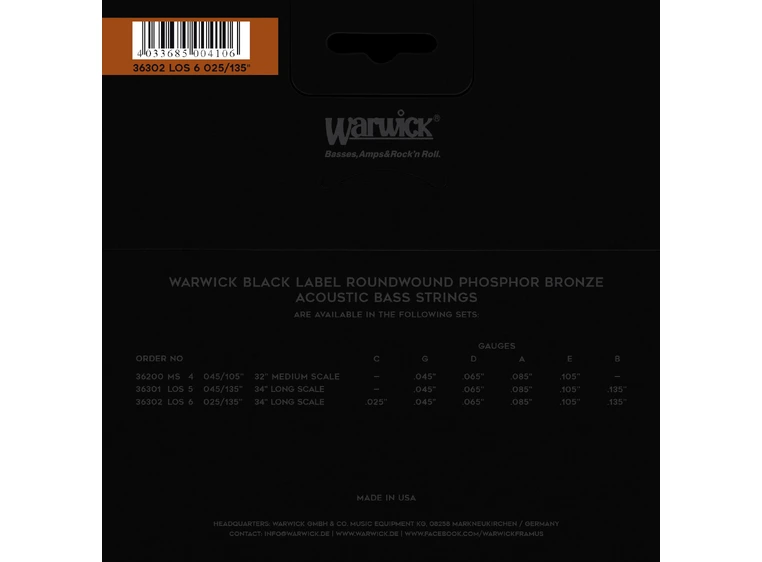 Warwick Black Label Acoustic Bass 6-Str (025-135) Phosphor Bronze, Long Scale 