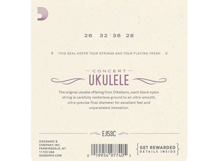 D'Addario EJ53C Strengesett Ukulele Concert Hawaiian Black Nylon 