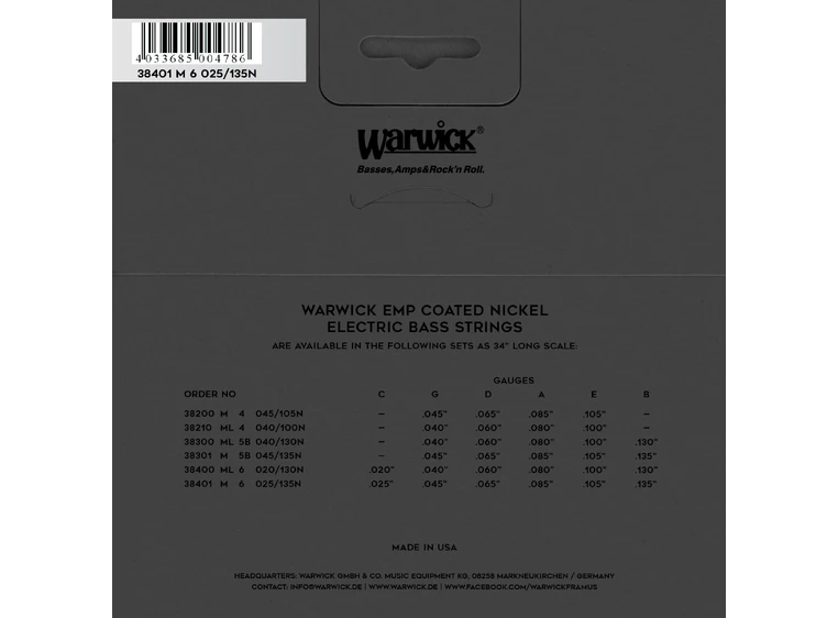 Warwick EMP Coated Bass String Set (025-135) Nickel-Plated Steel - 6-Str. M 