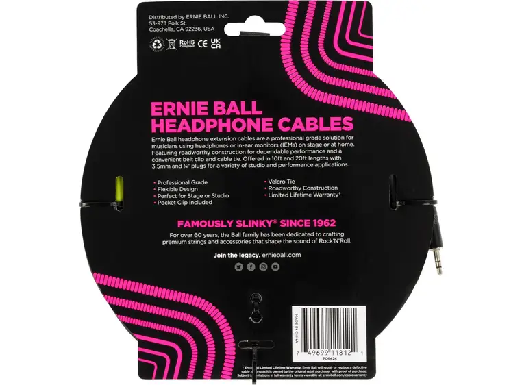 Ernie Ball 6424 Headphone Ext. Cable 3m, 3.5 mm hunn - 3.5 mm hann 