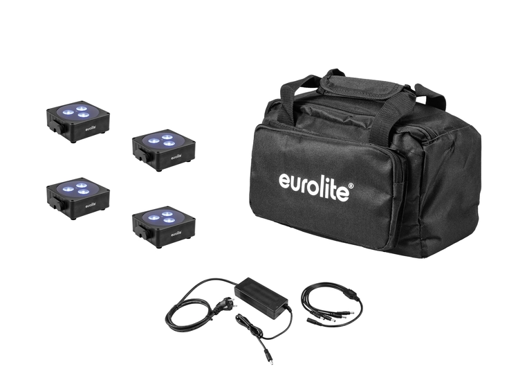 Eurolite Set 4x AKKU Flat Light 3 black & Charger & Soft-Bag 