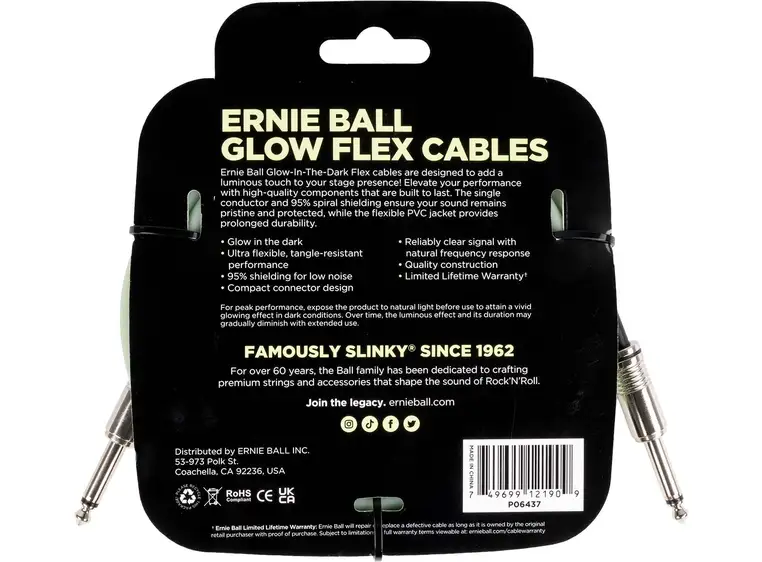 Ernie Ball 6437 FLEX instrumentkabel 6m Glow-in-the-dark 