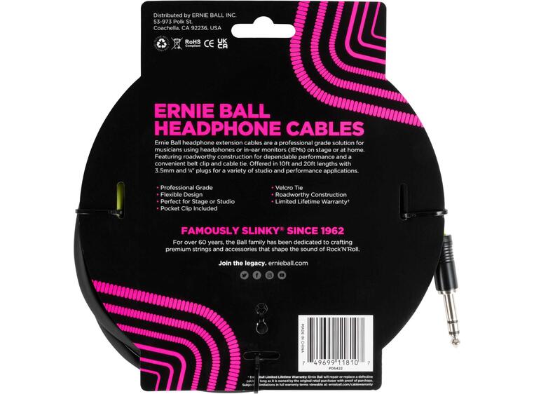 Ernie Ball 6422 Headphone Ext. Cable 3m, 3.5 mm hunn - 6.3 mm hann